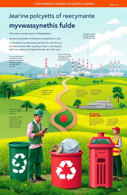 An informative and artistic representation of the journey of synthetic polymers from exploration to manufacturing and recycling, with a focus on a Bangladesh perspective