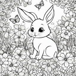 Black and white colouring book page featuring adorable children colouring a cute bunny surrounded by flowers and butterflies.