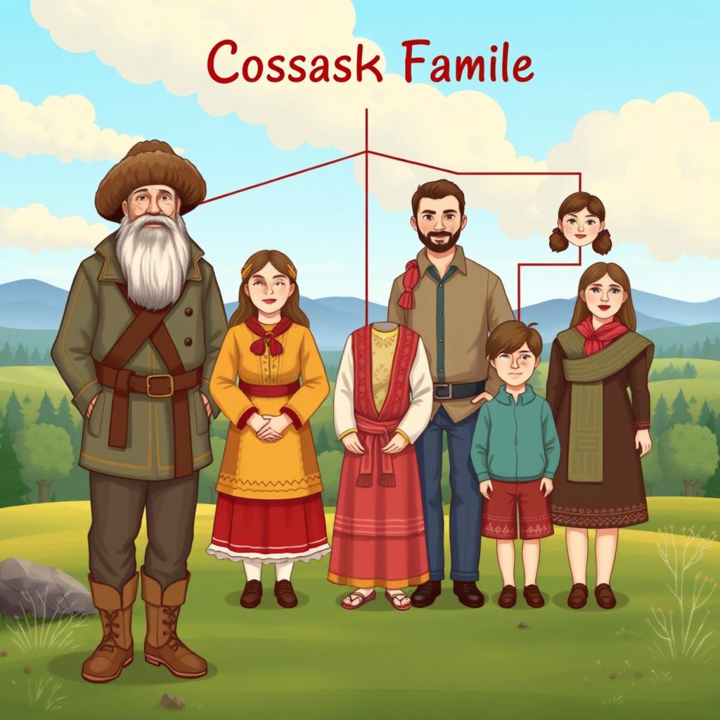 A family tree illustration of a Cossack family consisting of six members: a grandfather Cossack figure with traditional Cossack attire including a fur hat and boots, a son dressed in modern clothing, a daughter in traditional folk attire, two sons portrayed as young men, and a daughter resembling a young woman