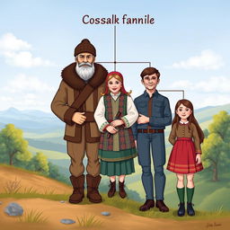 A family tree illustration of a Cossack family consisting of six members: a grandfather Cossack figure with traditional Cossack attire including a fur hat and boots, a son dressed in modern clothing, a daughter in traditional folk attire, two sons portrayed as young men, and a daughter resembling a young woman