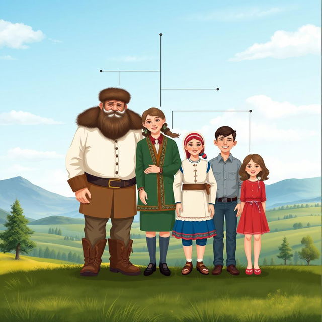 A family tree illustration of a Cossack family consisting of six members: a grandfather Cossack figure with traditional Cossack attire including a fur hat and boots, a son dressed in modern clothing, a daughter in traditional folk attire, two sons portrayed as young men, and a daughter resembling a young woman