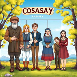 A family tree illustration of a Cossack family consisting of six members: a grandfather Cossack figure with traditional Cossack attire including a fur hat and boots, a son dressed in modern clothing, a daughter in traditional folk attire, two sons portrayed as young men, and a daughter resembling a young woman