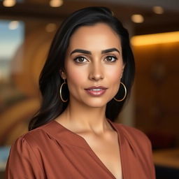 A beautiful woman aged 30-35 with traditional Egyptian features, showcasing natural beauty