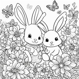 Black and white colouring book page featuring adorable children colouring a cute bunny surrounded by flowers and butterflies.