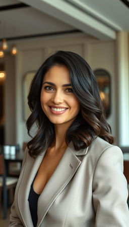 A 35-year-old European woman with dark hair, showcasing an air of elegance and confidence