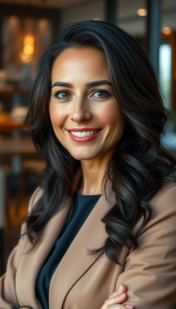 A 35-year-old European woman with dark hair, showcasing an air of elegance and confidence