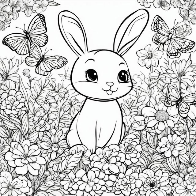 Black and white colouring book page featuring adorable children colouring a cute bunny surrounded by flowers and butterflies.