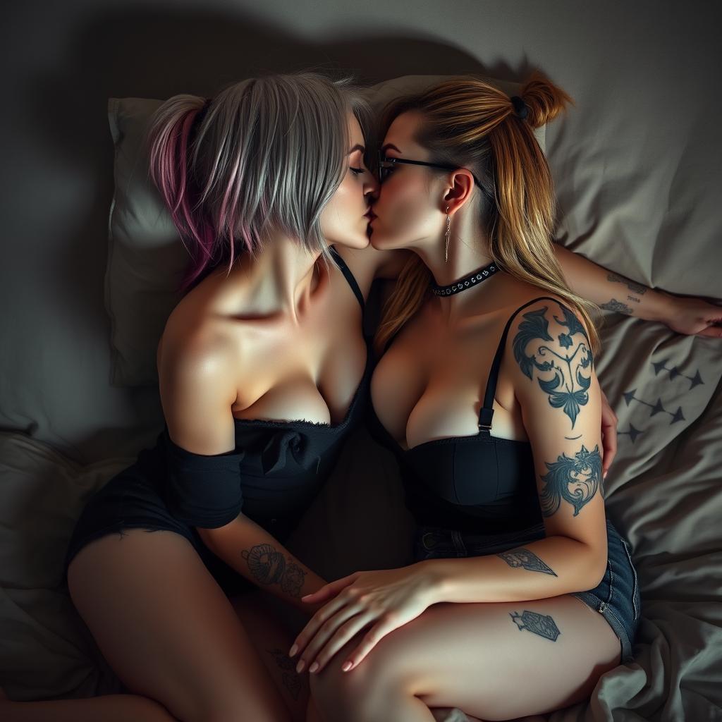 Two slender alternative girls with large breasts are kissing passionately on a bed, surrounded by an atmosphere of intimacy and warmth