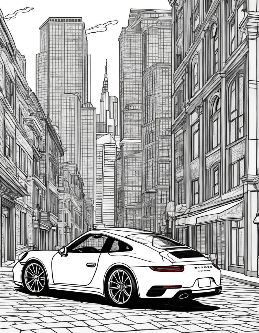 Coloring book page featuring a detailed Porsche 911 Carrera with a simple cityscape background.