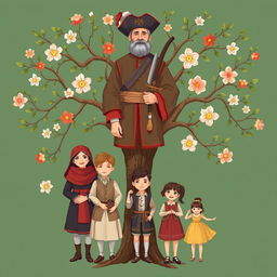 A family tree illustration depicting the Sudakiv family, a Cossack family of six members