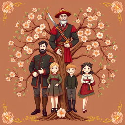 A family tree illustration depicting the Sudakiv family, a Cossack family of six members