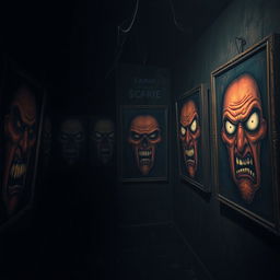 A dark room filled with eerie old paintings on the walls, depicting cartoon-style scary faces