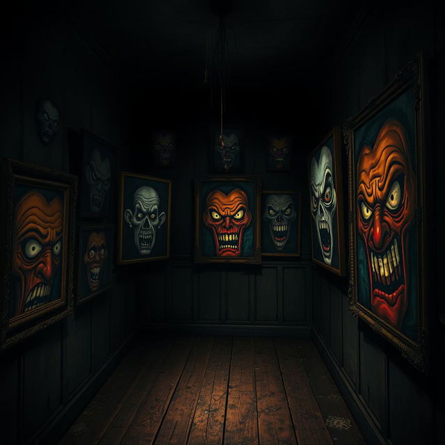 A dark room filled with eerie old paintings on the walls, depicting cartoon-style scary faces