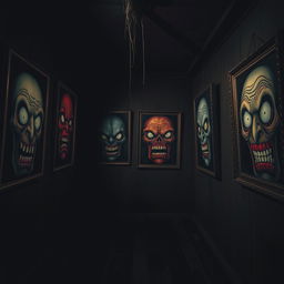 A dark room filled with eerie old paintings on the walls, depicting cartoon-style scary faces