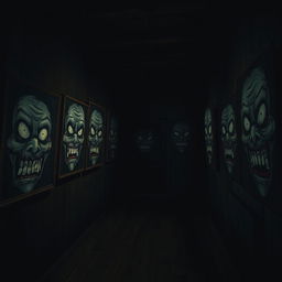 A dark room filled with eerie old paintings on the walls, depicting cartoon-style scary faces
