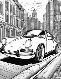 Coloring book page featuring a detailed Porsche 911 Carrera with a simple cityscape background.