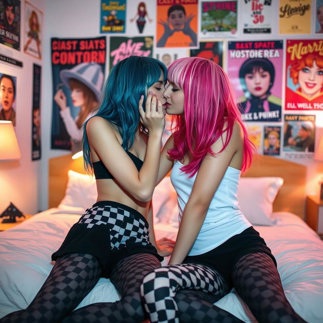 Two slender alternative girls with colorful hair, dressed in checkered tights, passionately kissing on a bed