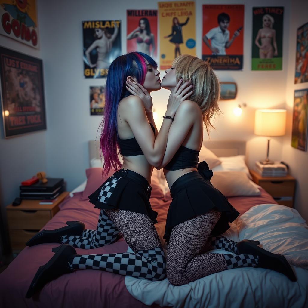 Two slender alternative girls with colorful hair, dressed in checkered tights, passionately kissing on a bed