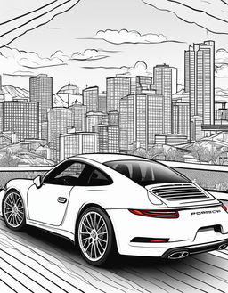 Coloring book page featuring a detailed Porsche 911 Carrera with a simple cityscape background.