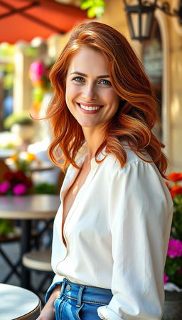 A 35-year-old European woman with striking red hair, exuding confidence and grace