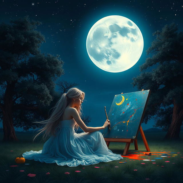 A fantasy scene set at night featuring a large, glowing full moon illuminating a dark blue sky dotted with stars