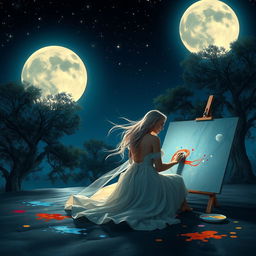 A fantasy scene set at night featuring a large, glowing full moon illuminating a dark blue sky dotted with stars