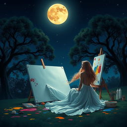 A fantasy scene set at night featuring a large, glowing full moon illuminating a dark blue sky dotted with stars