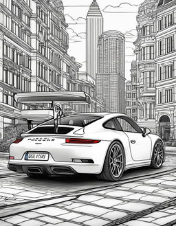 Coloring book page featuring a detailed Porsche 911 Carrera with a simple cityscape background.