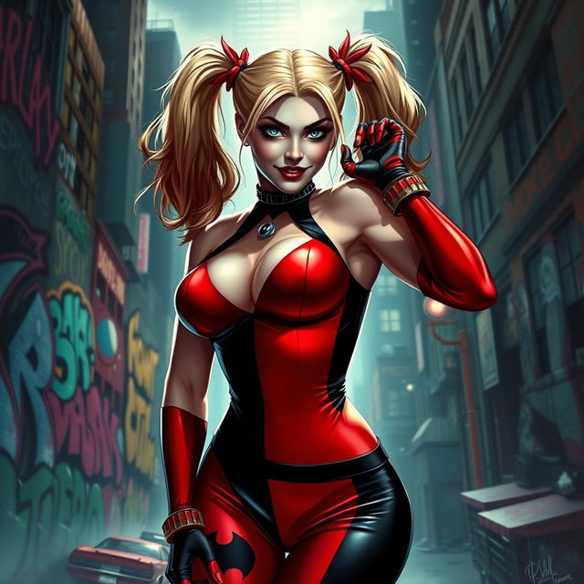 A stunning depiction of Harley Quinn in a playful yet seductive pose, wearing her signature red and black costume that emphasizes her curves