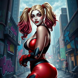 A stunning depiction of Harley Quinn in a playful yet seductive pose, wearing her signature red and black costume that emphasizes her curves