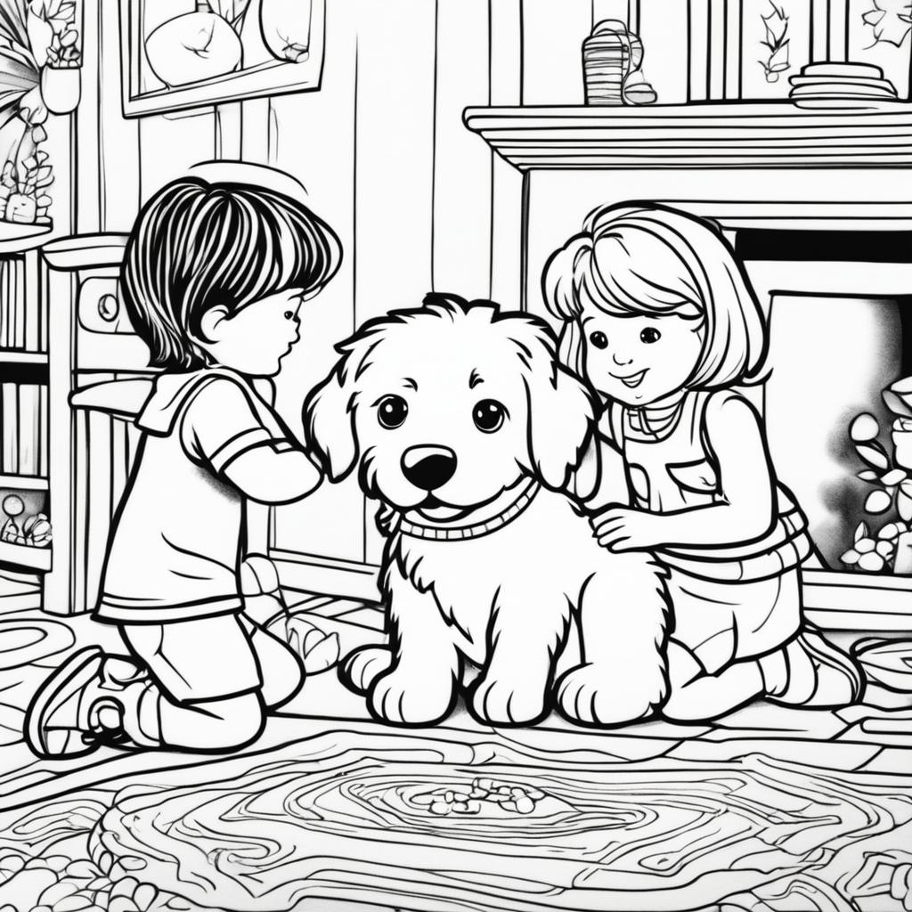 Black and white colouring book page featuring two children colouring an adorable fluffy dog in a home setting.