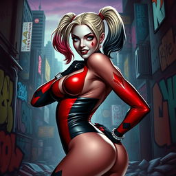 A stunning depiction of Harley Quinn in a playful yet seductive pose, wearing her signature red and black costume that emphasizes her curves