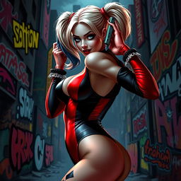 A stunning depiction of Harley Quinn in a playful yet seductive pose, wearing her signature red and black costume that emphasizes her curves