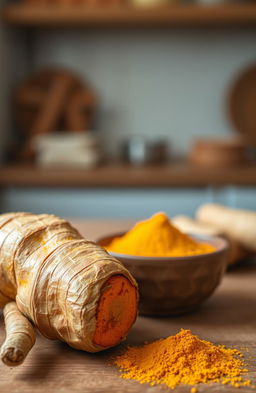 A close-up, detailed shot of a fresh turmeric rhizome with its vibrant orange flesh and rough brown skin, placed next to a small pile of bright yellow curcumin powder