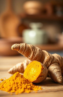 A close-up, detailed shot of a fresh turmeric rhizome with its vibrant orange flesh and rough brown skin, placed next to a small pile of bright yellow curcumin powder