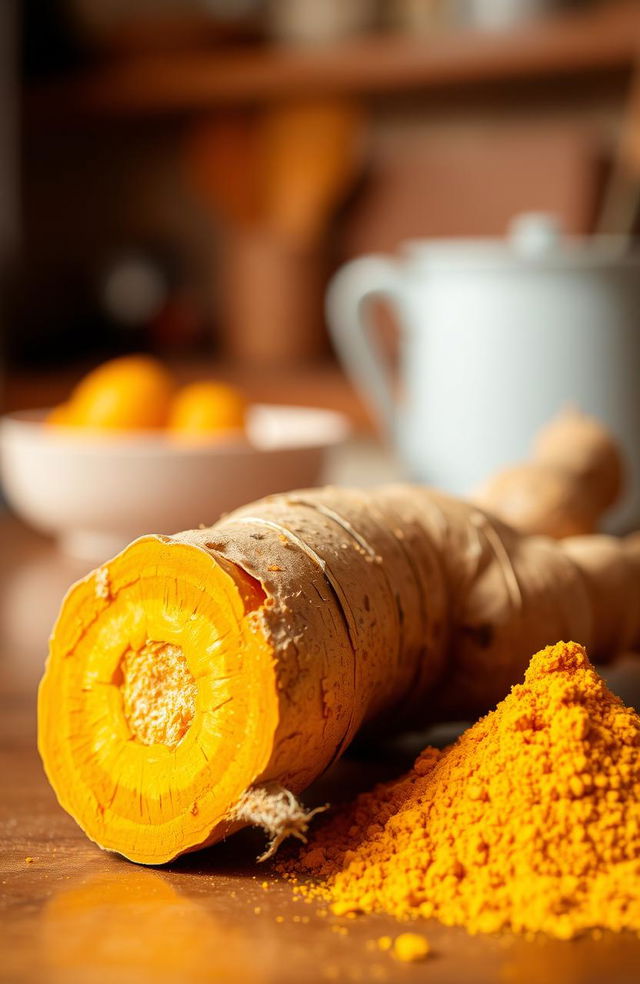 A close-up, detailed shot of a fresh turmeric rhizome with its vibrant orange flesh and rough brown skin, placed next to a small pile of bright yellow curcumin powder