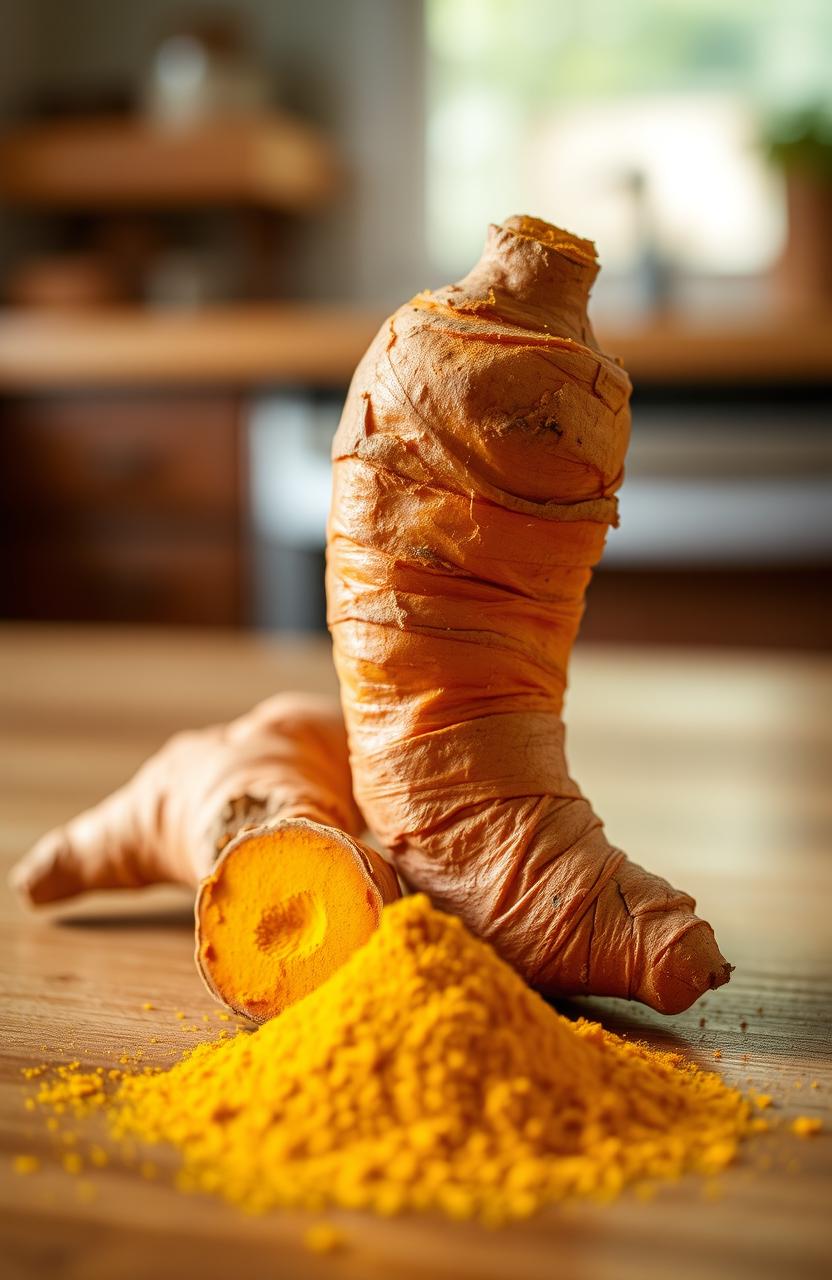 A close-up, detailed shot of a fresh turmeric rhizome with its vibrant orange flesh and rough brown skin, placed next to a small pile of bright yellow curcumin powder