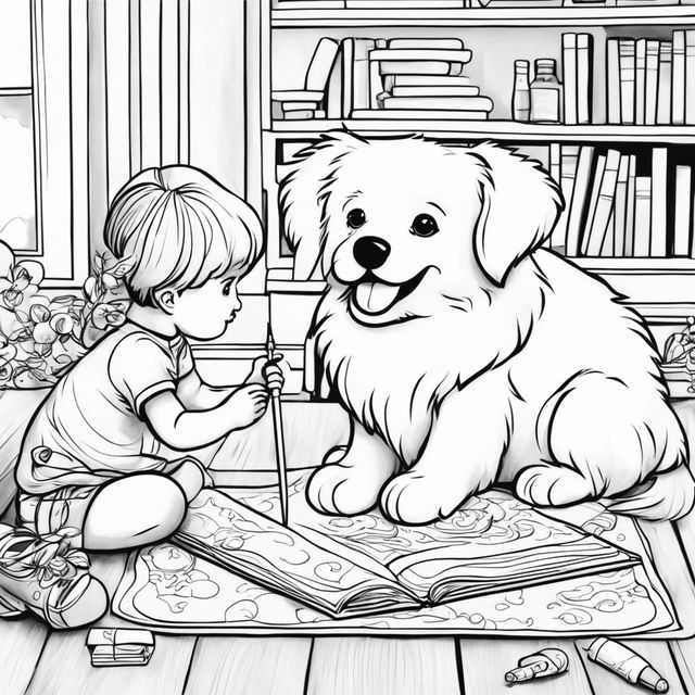 Black and white colouring book page featuring two children colouring an adorable fluffy dog in a home setting.