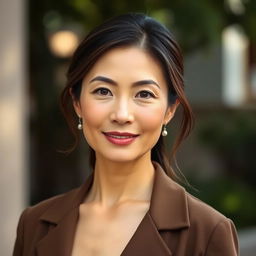 A 40-year-old woman with East Asian features, displaying grace and elegance