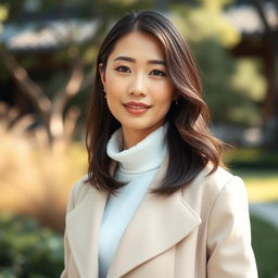 A 40-year-old woman with East Asian features, displaying grace and elegance