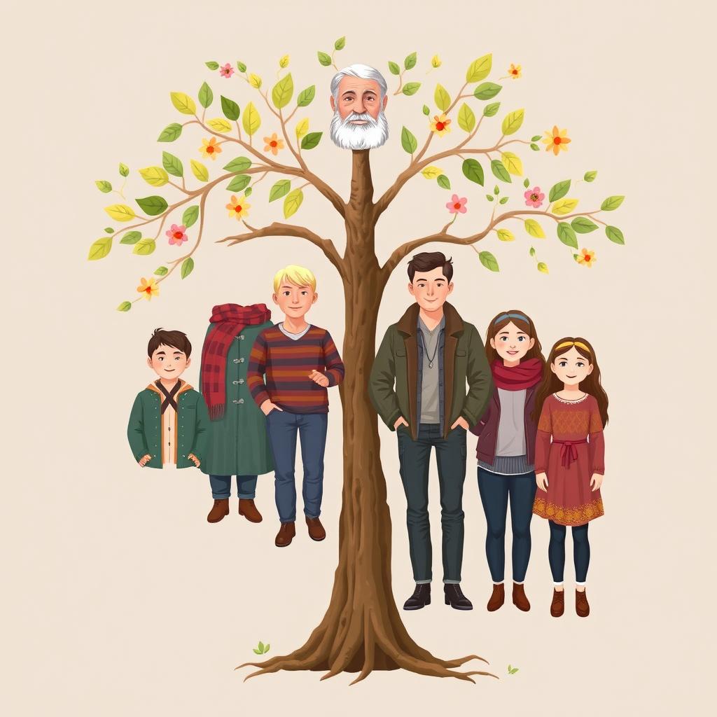 A family tree illustration for the Sudakov family consisting of six members: a grandfather who is a Cossack, three sons, and two daughters