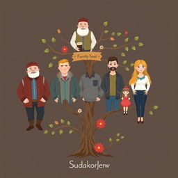 A family tree illustration for the Sudakov family consisting of six members: a grandfather who is a Cossack, three sons, and two daughters