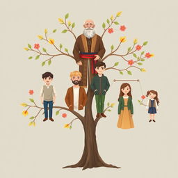 A family tree illustration for the Sudakov family consisting of six members: a grandfather who is a Cossack, three sons, and two daughters