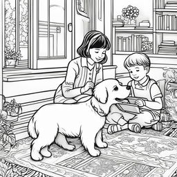 Black and white colouring book page featuring two children colouring an adorable fluffy dog in a home setting.