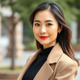 A full-body portrait of a 40-year-old woman with East Asian features, exuding grace and elegance