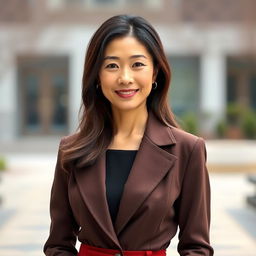 A full-body portrait of a 40-year-old woman with East Asian features, exuding grace and elegance