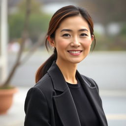 A full-body portrait of a 40-year-old woman with East Asian features, exuding grace and elegance