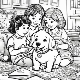 Black and white colouring book page featuring two children colouring an adorable fluffy dog in a home setting.