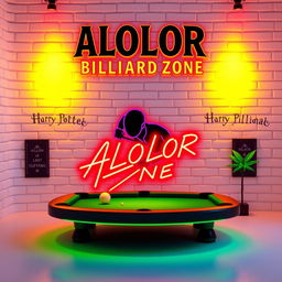A captivating design featuring the ALOLOR BILLIARD ZONE logo prominently at the top, styled in a font reminiscent of Harry Potter