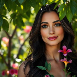 A 36-year-old woman with dark hair and light skin, featuring refined facial features that convey grace and elegance